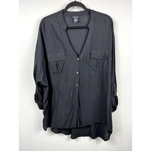 Torrid Shirt Women Plus Size 2X Black V-Neck Pockets Roll Tab 3/4 Sleeve Buttons